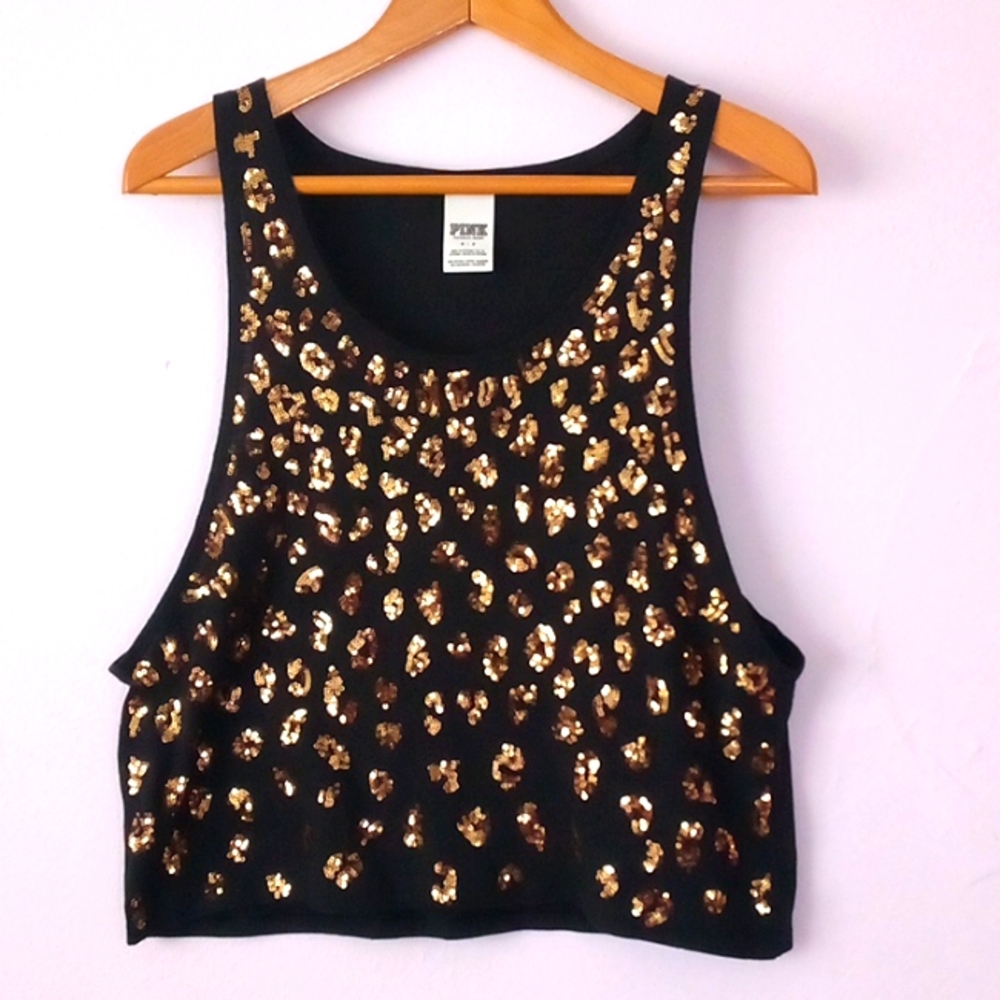 VS Pink • Gold Sequin Oversized Tank Top.